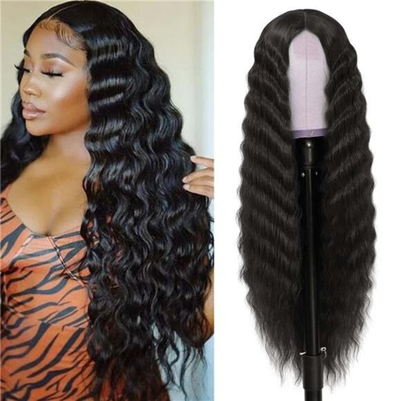 30 Inch Synthetic Curly Wigs for Women Long Black Hair Wig Lace Front 4" Scalp - Picture 1 of 7